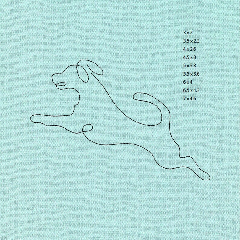 May include: A minimalist line drawing of a dog in mid-leap, rendered in black against a light blue background. The image includes a list of dimensions: 3x2, 3.5x2.3, 4x2.6, 4.5x3, 5x3.3, 5.5x3.6, 6x4, 6.5x4.3, and 7x4.6 inches.
