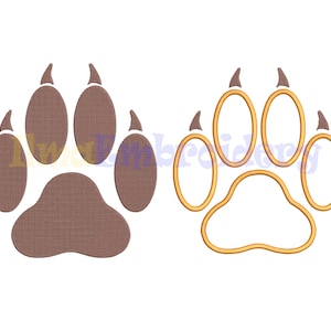 May include: Two paw print designs. One is a solid brown color, and the other is an outline in gold. Both designs have four oval-shaped toe pads and a larger pad at the bottom. The claws are a darker brown.