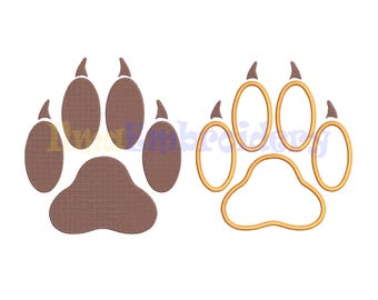 May include: Two paw print designs. One is a solid brown color, and the other is an outline in gold. Both designs have four oval-shaped toe pads and a larger pad at the bottom. The claws are a darker brown.