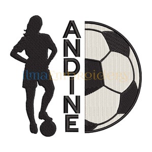 May include: Black and white silhouette of a person playing soccer with the name "ANDINE" vertically beside them.