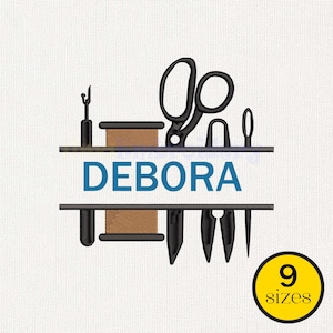 May include: An embroidered design featuring sewing tools, including scissors, needles, and thread spools, with the name "DEBORA" in blue letters. A yellow circle with the text "9 sizes" is in the bottom right corner.