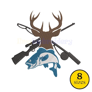 May include: An embroidered design featuring a brown deer head with antlers, crossed rifles, and a blue and white fish. A yellow circle with the text "8 sizes" is in the lower right corner.