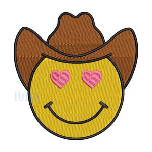 May include: A yellow smiley face with pink hearts for eyes wearing a brown cowboy hat.