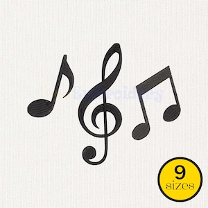 May include: Black musical notes, including a treble clef and two eighth notes, are displayed on a white background. A yellow circle with the text "9 sizes" is in the lower right corner. The image is likely for music-themed crafts.