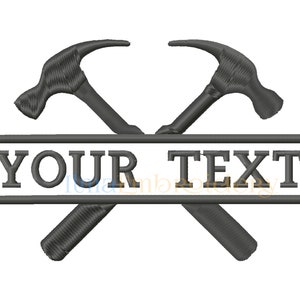 May include: Two crossed hammers with a banner that says "YOUR TEXT".