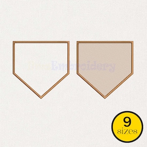 May include: Two baseball home plate designs with brown outlines. One is empty, the other has a tan fill. A yellow circle with the number "9" and the word "sizes" is in the bottom right corner.