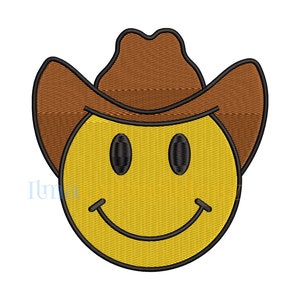 May include: A yellow smiley face wearing a brown cowboy hat. The smiley face has a black outline and black eyes.