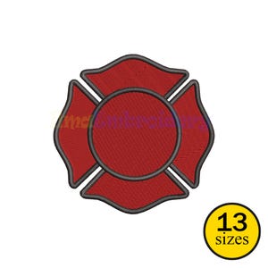 May include: A red Maltese cross design with a black outline and a central circle. The design is on a white background. A yellow circle with the text "13 sizes" is in the lower right corner.