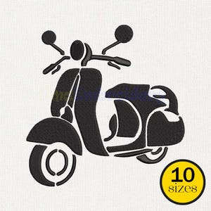 May include: Black embroidered scooter design with round mirrors, handlebars, and a single front wheel. The scooter is set against a white background. A yellow circle with the text "10 sizes" is in the lower right corner.