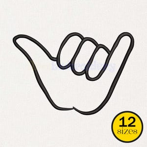 May include: Black outline of a hand making the shaka sign, a gesture of friendship and understanding. The image includes a yellow circle with the text "12 sizes". The design is suitable for various craft projects.