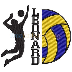 May include: A black silhouette of a volleyball player spiking the ball with the name "LEONARD" vertically beside a yellow and blue volleyball.