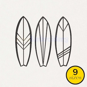 May include: Three black embroidered surfboard outlines on a white fabric background. The first surfboard has a chevron pattern, the second has vertical lines, and the third has diagonal stripes. A yellow circle in the corner displays the text 9 sizes.