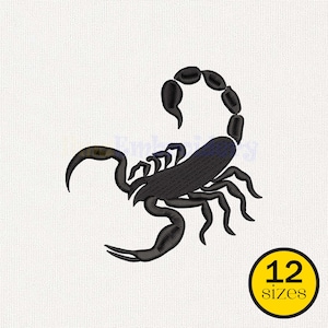 May include: A black machine embroidery design of a scorpion with a curved tail and pincers. The scorpion is depicted in a detailed stitch pattern. In the bottom right corner, a yellow circle contains the black text 12 sizes.