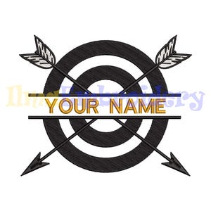 May include: Black and white target with two arrows crossing through the center. The target has a white band with the text "YOUR NAME" in gold.