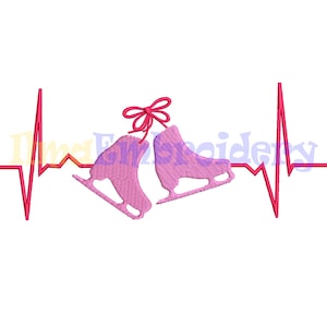 May include: Pink ice skates with a red bow on top, with a red heartbeat line behind them.