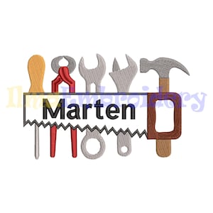 May include: A white banner with the name "Marten" printed in black. The banner is decorated with a saw, a hammer, a wrench, pliers, and a screwdriver.