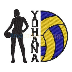Puede incluir: Silueta negra de una jugadora de voleibol sosteniendo un balón de voleibol con el nombre "Yohana" escrito verticalmente a su lado. La mitad de un balón de voleibol amarillo y azul se encuentra en el lado derecho de la imagen.