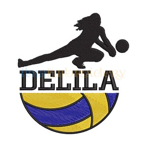 Può includere: Silhouette nera di una giocatrice di pallavolo che si tuffa per la palla, con il nome "DELILA" in testo nero sopra una pallavolo gialla e blu.