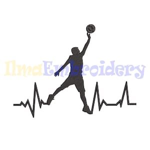 May include: Black silhouette of a basketball player shooting a ball with a heartbeat line below.