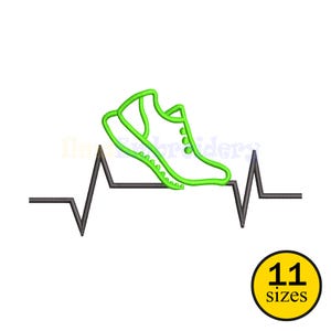 May include: A green outline of a running shoe sits atop a black heartbeat line. The image is on a white background. A yellow circle with the text "11 sizes" is in the lower right corner.