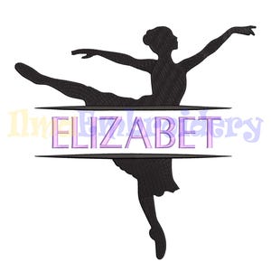 Könnte beinhalten: Schwarze Silhouette einer Ballerina in Spagatposition mit einem Banner, auf dem "ELIZABETH" in der Mitte steht.