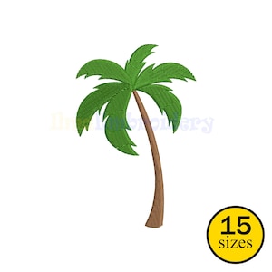 May include: An embroidered palm tree design with green fronds and a brown trunk. The design is on a white background. A yellow circle with the text "15 sizes" is in the lower right corner.