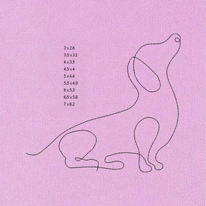 May include: A black line drawing of a dachshund dog on a pink background. The dog is depicted in a continuous line, with its head raised. Text on the left indicates various size options, such as 3 x 2.6 inches, 3.5 x 3.1 inches, and up to 7 x 6.2 inches.