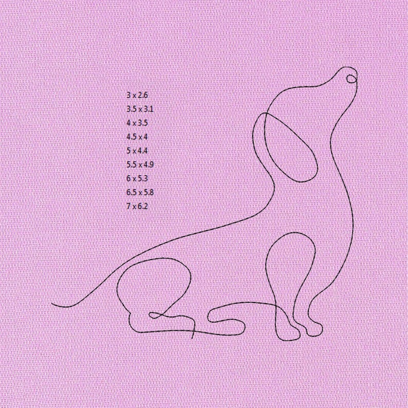 May include: A black line drawing of a dachshund dog on a pink background. The dog is depicted in a continuous line, with its head raised. Text on the left indicates various size options, such as 3 x 2.6 inches, 3.5 x 3.1 inches, and up to 7 x 6.2 inches.