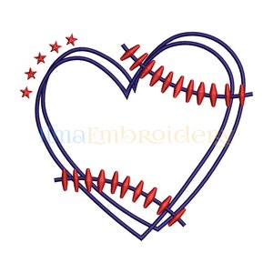May include: A blue heart outline with red stitching, resembling a baseball, and a row of red stars on the left side.