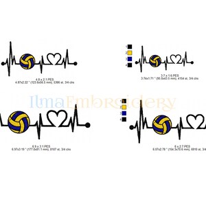 May include: Four different sizes of an embroidery design featuring a volleyball with a heartbeat and a heart. The volleyball is yellow and blue. The design is perfect for a volleyball enthusiast.