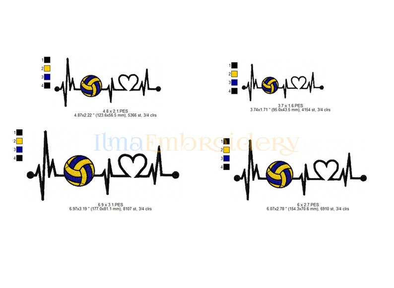 May include: Four different sizes of an embroidery design featuring a volleyball with a heartbeat and a heart. The volleyball is yellow and blue. The design is perfect for a volleyball enthusiast.