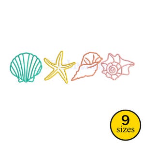 May include: An illustration of four different sea creatures: a teal seashell, a yellow starfish, a peach-colored conch shell, and a pink seashell. A yellow circle with the text "9 sizes" is in the bottom right corner.