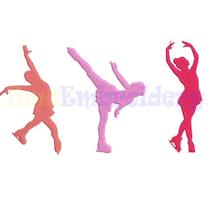 May include: Three embroidered figures of ice skaters in motion. The figures are in shades of orange, purple, and red, each in a different pose. The skaters are wearing skirts and ice skates, with arms and legs extended.