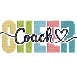 Op de afbeelding: Een kleurrijk ontwerp met het woord "CHEER" in blokletters, elk in een andere pastelkleur. Het woord "Coach" is geschreven in een cursief lettertype, met een hartsymbool aan het einde. Het ontwerp is waarschijnlijk voor een cheerleading coach.