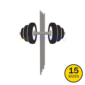 May include: An embroidered design featuring a barbell with black weights and a gray vertical element. The design is set against a white background. A yellow circle with the text "15 sizes" is in the lower right corner.
