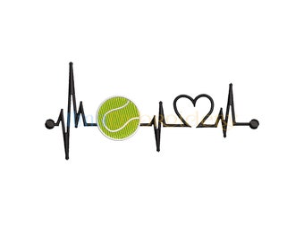 May include: Black and white line art of a heartbeat with a tennis ball and a heart in the middle.