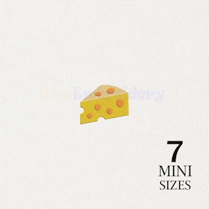 May include: An embroidered yellow cheese wedge design featuring orange circular holes on a white fabric background. The text 7 MINI SIZES is printed in black in the lower right corner of the image, indicating the available options for this design.