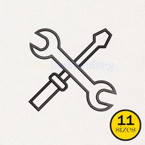 May include: Black line art of a wrench and screwdriver crossed over each other. The image is on a white background. A yellow circle with the text "11 sizes" is in the lower right corner.