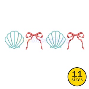 Puede incluir: Cuatro diseños bordados sobre fondo blanco. Dos contornos de conchas marinas azul claro se alternan con dos lazos de color coral. Un círculo amarillo con el texto "11 tamaños" está en la esquina inferior derecha.