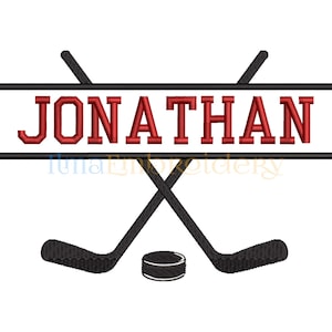 May include: A black and white hockey stick design with the name JONATHAN in red letters across the top. A black hockey puck is centred below the sticks.
