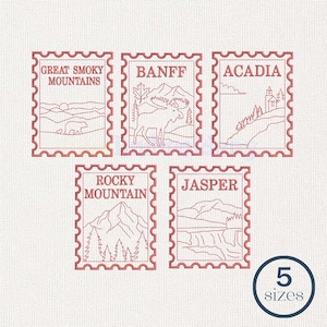 National Parks Stamp Embroidery Designs Bundle, Banff Jasper Acadia Rocky Mountain (Digital Download)