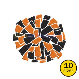 May include: An embroidered design featuring a circular pattern of black and orange shapes on a white background. A yellow circle with the text "10 sizes" is in the lower right corner.