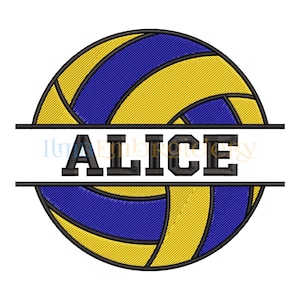 May include: A yellow and blue volleyball with a white banner across the middle that says "Alice".