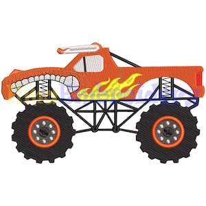 May include: Orange monster truck with flames on the side and large black tires. The truck has a white roll cage and a black chassis.