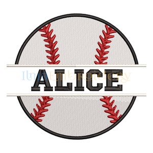 May include: A white baseball with red stitching and a black border. The baseball is split in half horizontally with a white banner that reads "ALICE" in black text.