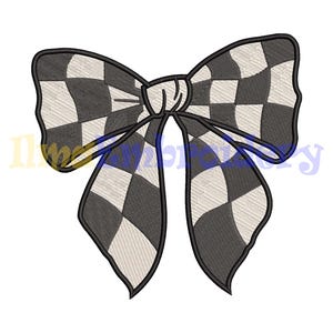 May include: A black and white checkered bow with a center knot. The bow is a decorative element that can be used for a variety of purposes, such as adding a touch of whimsy to a gift or creating a festive atmosphere.