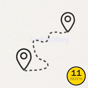May include: Black outline graphic of two location markers connected by a dashed line, suggesting a route or journey. The image includes a yellow circle with the text "11 sizes". The design is on a white background.