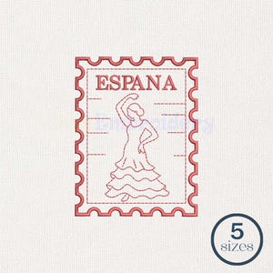Puede incluir: Un diseño de bordado a máquina en color rojo de un sello postal con la palabra ESPANA y una figura con vestido de volantes. El diseño tiene un borde festoneado y líneas horizontales. Una insignia circular muestra el texto 5 sizes.