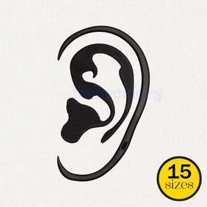 May include: Black embroidered ear design. The ear is a stylized representation with detailed stitching. A yellow circle with the text "15 sizes" is in the lower right corner.