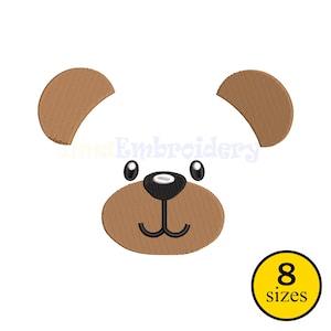 Pode incluir: Um rosto de urso de desenho animado com orelhas e focinho marrons, olhos e nariz pretos, em um fundo branco. Um círculo amarelo com o texto "8 tamanhos" está no canto inferior direito.
